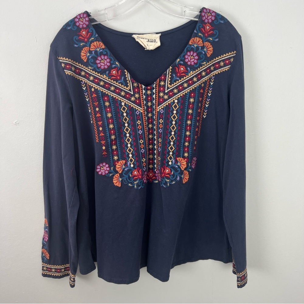 Savanna Jane Floral Fair Isle Navy Embroidered Top